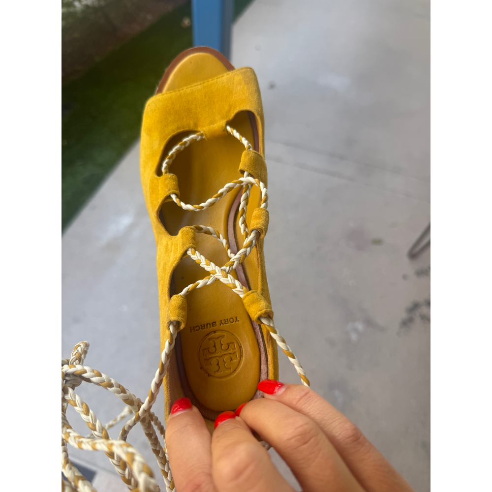 Tory Burch Mustard Suede Lace-Up Platform Block Heel Sandals | Size 8 in Yellow - Picture 5 of 5